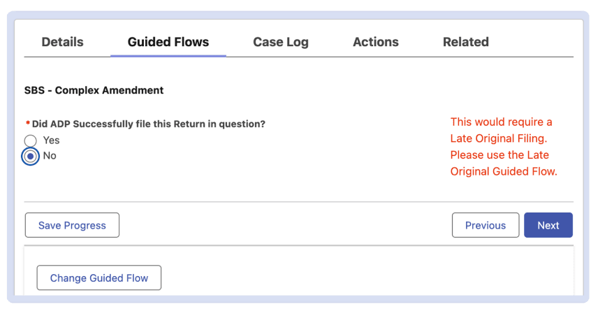 An older guided flow: a yes-or-no question, with guidance shown as red text to the side and Save Progress, Previous and Next buttons.